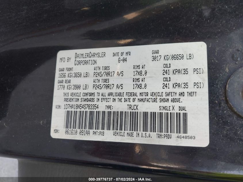 2004 Dodge Ram 1500 St/Slt VIN: 1D7HA18N54S783354 Lot: 39776737