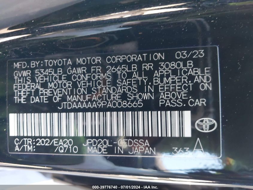 2023 Toyota Mirai Xle VIN: JTDAAAAA9PA008665 Lot: 39776740