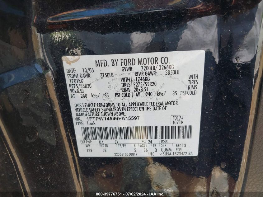 2006 Ford F-150 Fx4/Lariat/Xlt VIN: 1FTPW14546FA15597 Lot: 39776751