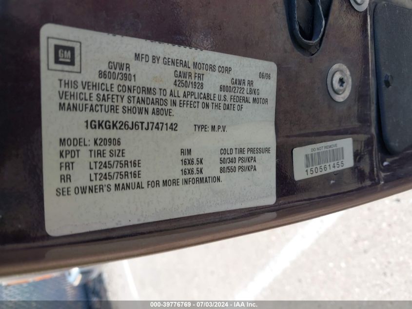 1996 GMC Suburban K2500 VIN: 1GKGK26J6TJ747142 Lot: 39776769