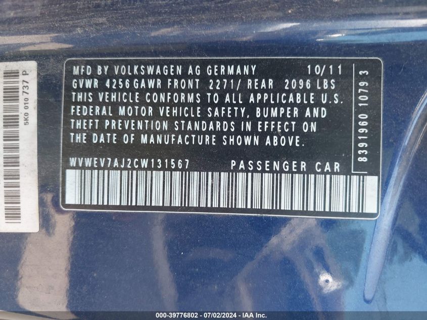 2012 Volkswagen Gti 2-Door VIN: WVWEV7AJ2CW131567 Lot: 39776802