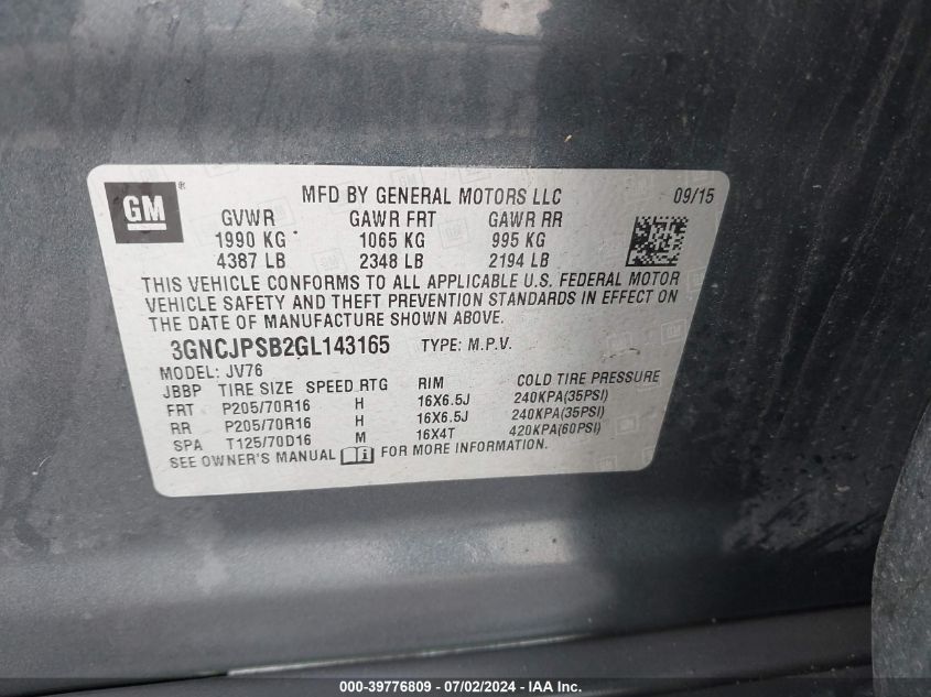 2016 Chevrolet Trax Lt VIN: 3GNCJPSB2GL143165 Lot: 39776809