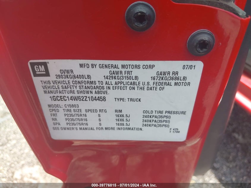 2002 Chevrolet Silverado 1500 VIN: 1GCEC14W62Z104458 Lot: 39776815