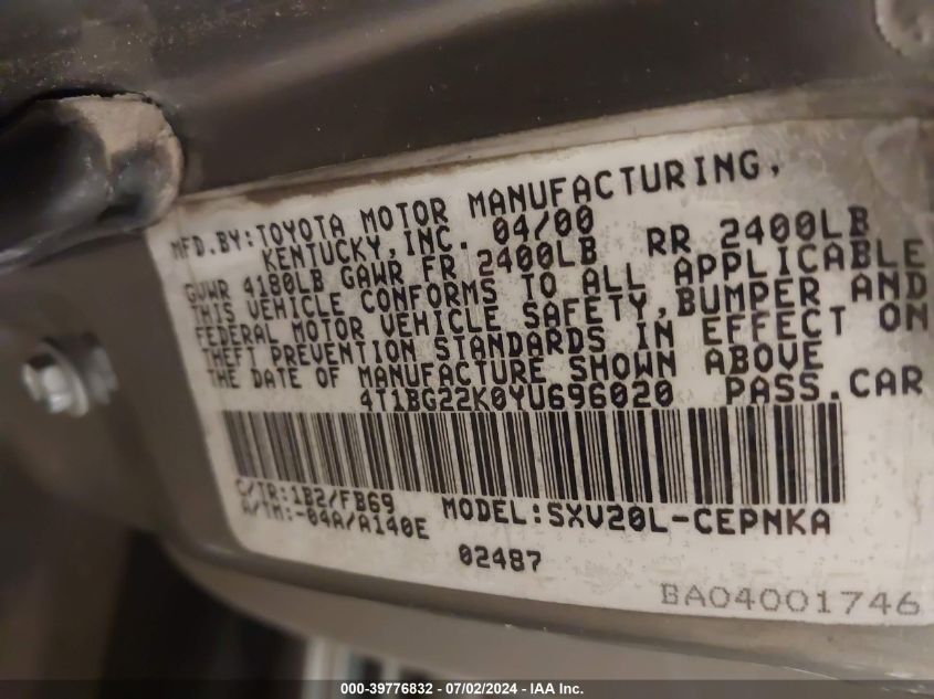 2000 Toyota Camry Ce/Le/Xle VIN: 4T1BG22K0YU696020 Lot: 39776832