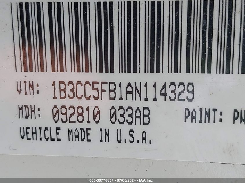 2010 Dodge Avenger R/T VIN: 1B3CC5FB1AN114329 Lot: 39776837