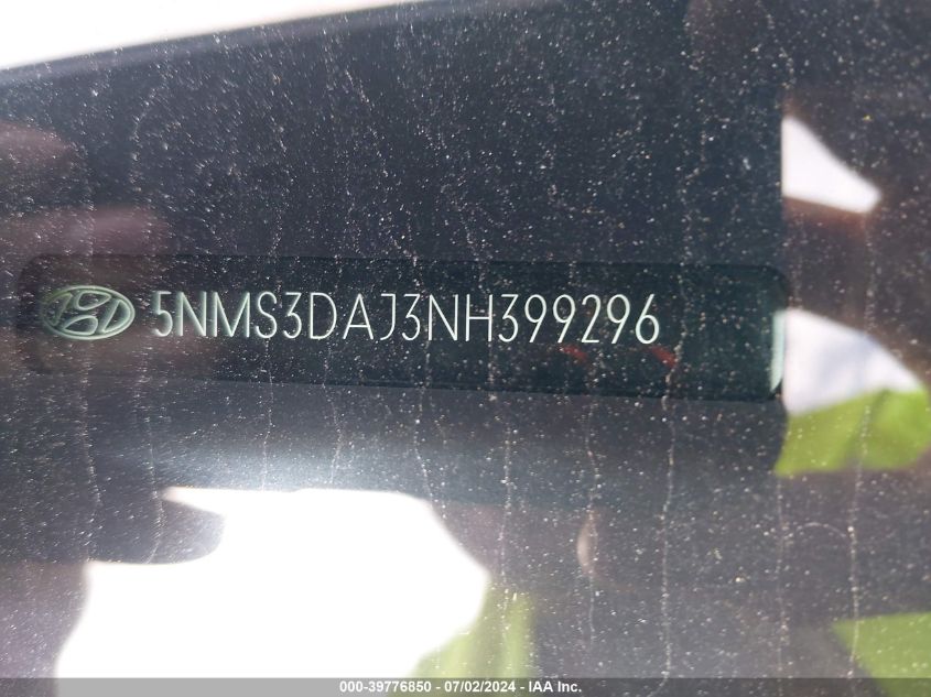 2022 Hyundai Santa Fe Sel VIN: 5NMS3DAJ3NH399296 Lot: 39776850