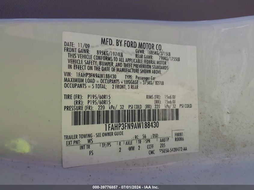 2010 Ford Focus Se VIN: 1FAHP3FN9AW188430 Lot: 39776857