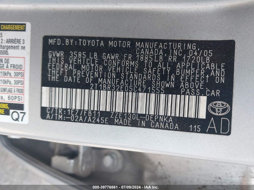 2005 Toyota Corolla Le VIN: 2T1BR32E05C471555 Lot: 39776861