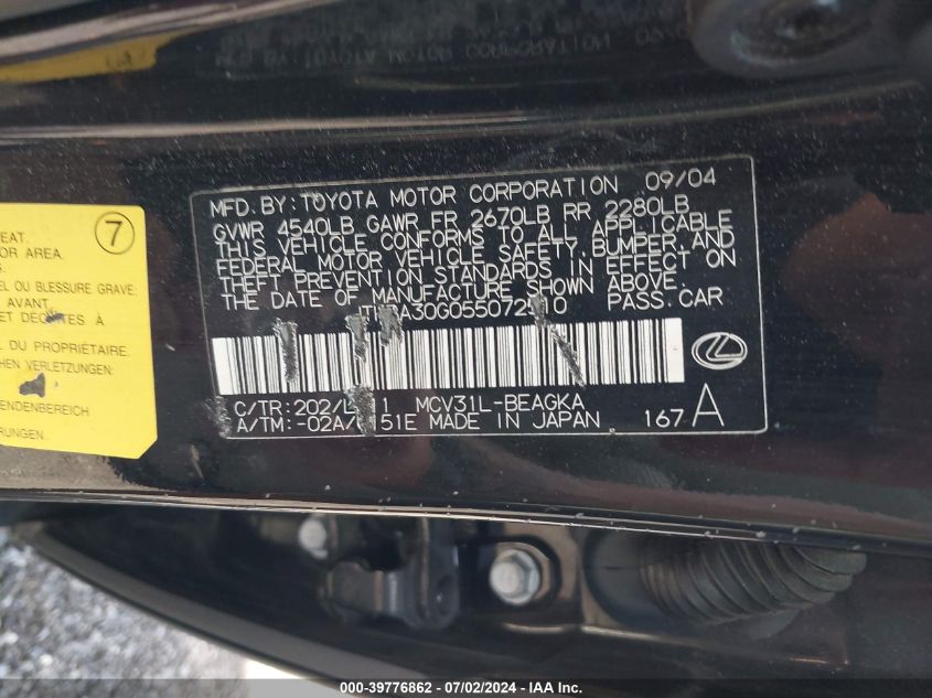 2005 Lexus Es 330 VIN: JTHBA30G055072510 Lot: 39776862