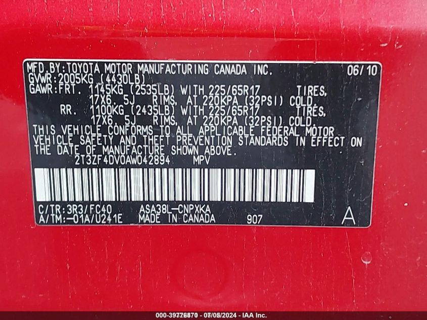 2010 Toyota Rav4 VIN: 2T3ZF4DV0AW042894 Lot: 39776870