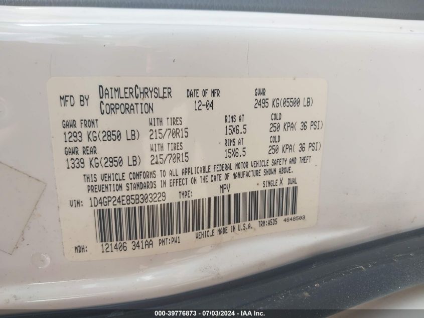 2005 Dodge Grand Caravan Se VIN: 1D4GP24E85B303229 Lot: 39776873