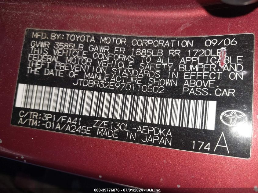 JTDBR32E970110502 | 2007 TOYOTA COROLLA