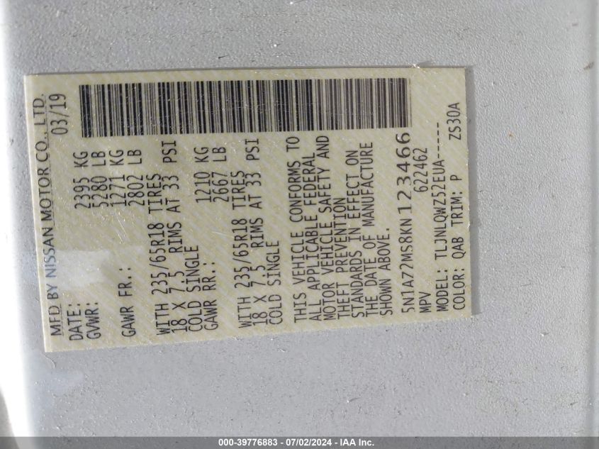 2019 Nissan Murano Sv VIN: 5N1AZ2MS8KN123466 Lot: 39776883