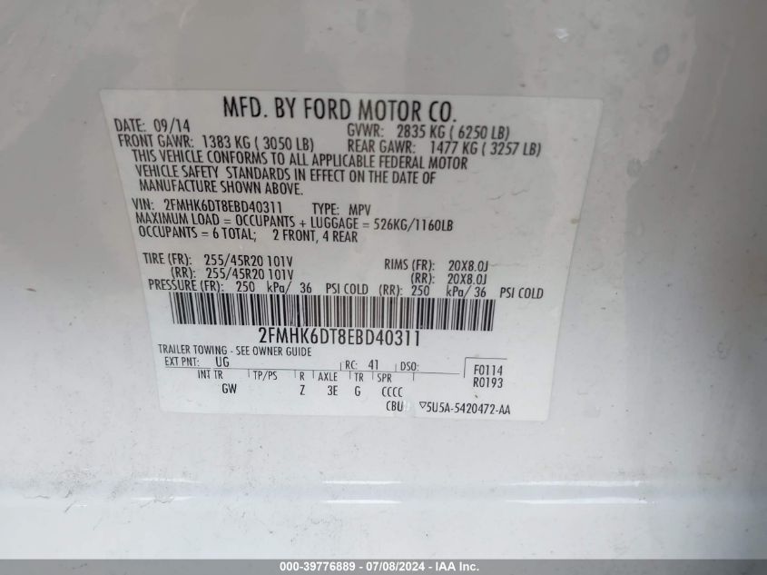 2014 Ford Flex Limited VIN: 2FMHK6DT8EBD40311 Lot: 39776889