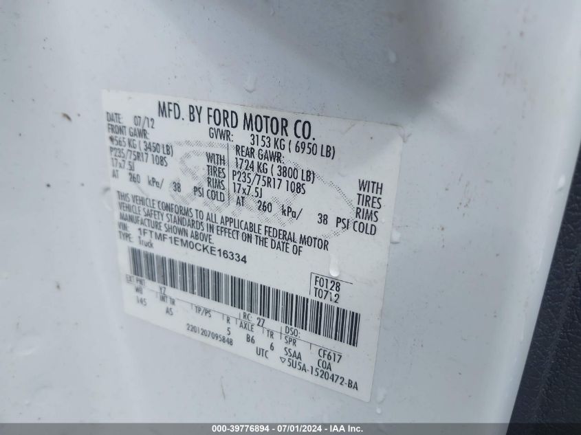 2012 Ford F-150 Xl VIN: 1FTMF1EM0CKE16334 Lot: 39776894