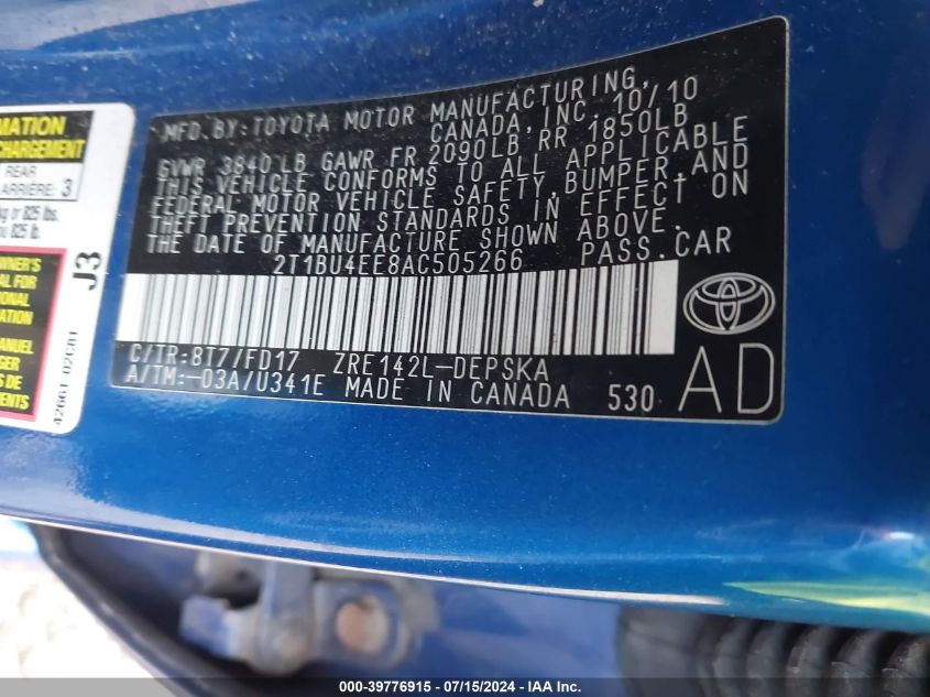 2010 Toyota Corolla S/Le/Xle VIN: 2T1BU4EE8AC505266 Lot: 39776915