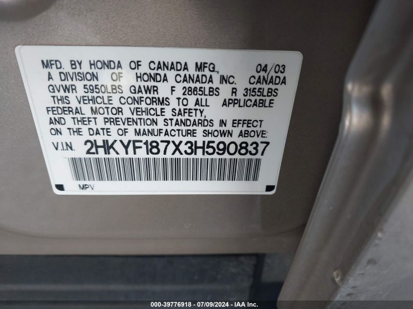 2003 Honda Pilot Ex-L VIN: 2HKYF187X3H590837 Lot: 39776918