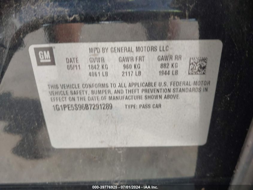 2011 Chevrolet Cruze Lt VIN: 1G1PE5S96B7291289 Lot: 39776925