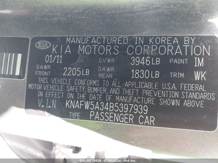 2011 Kia Forte Sx VIN: KNAFW5A34B5397939 Lot: 39776926