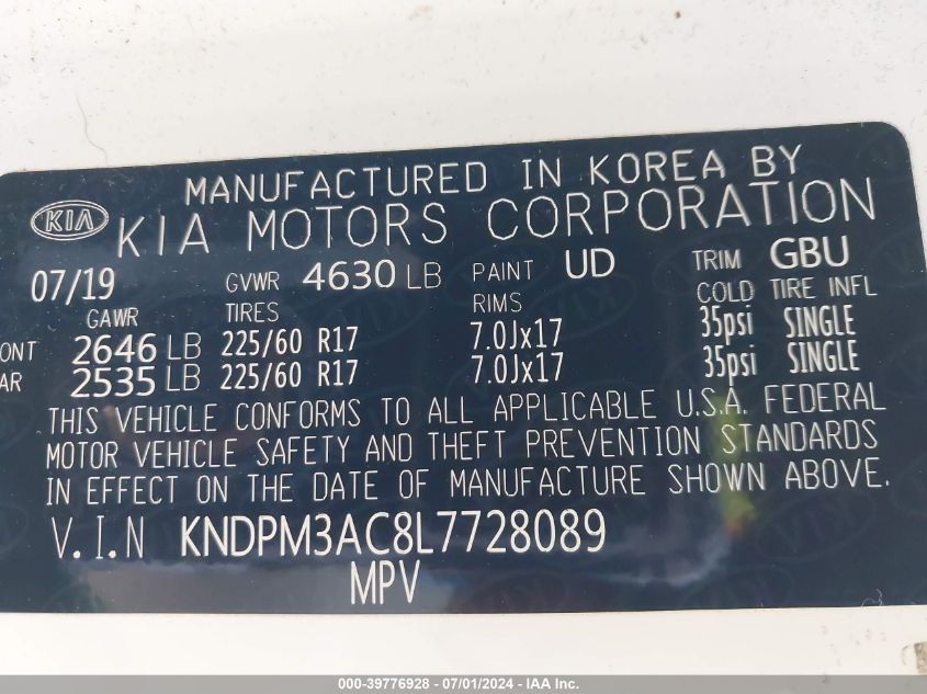 2020 Kia Sportage Lx VIN: KNDPM3AC8L7728089 Lot: 39776928