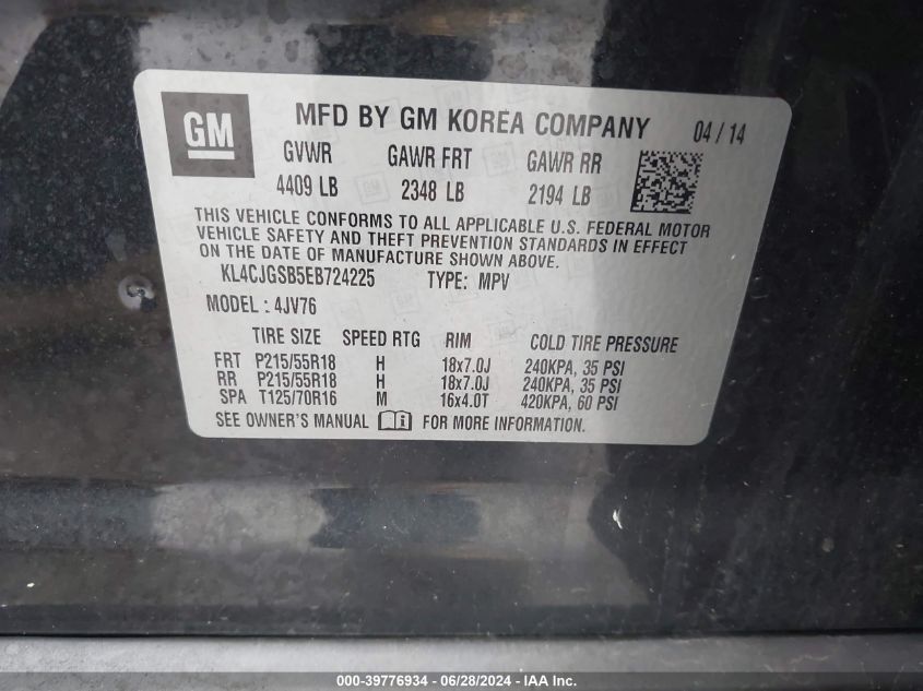 2014 Buick Encore Leather VIN: KL4CJGSB5EB724225 Lot: 39776934