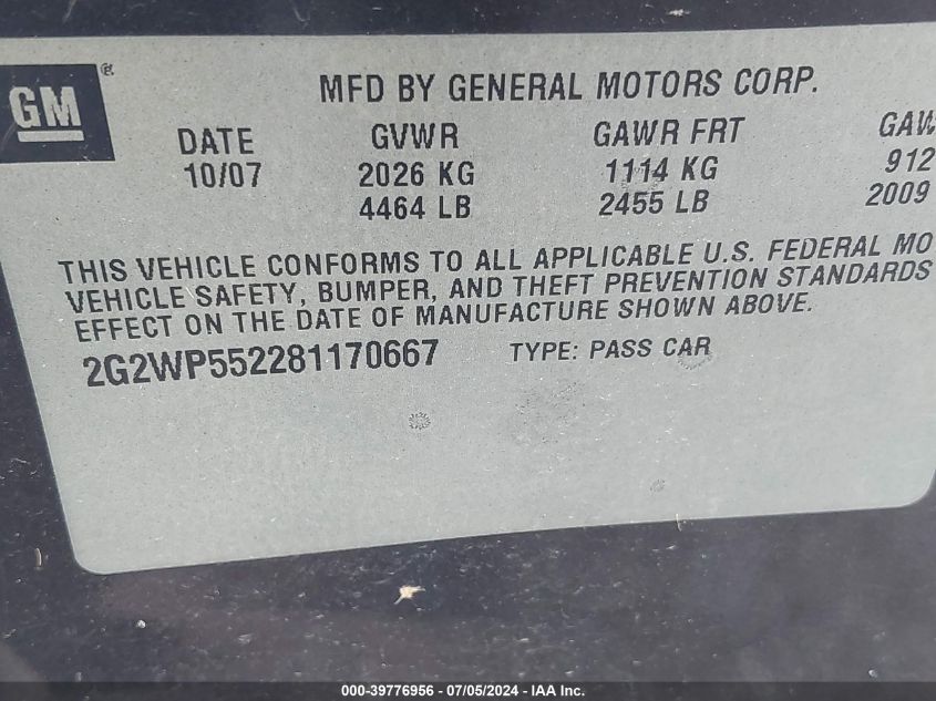 2008 Pontiac Grand Prix VIN: 02G2WP55228117066 Lot: 39776956