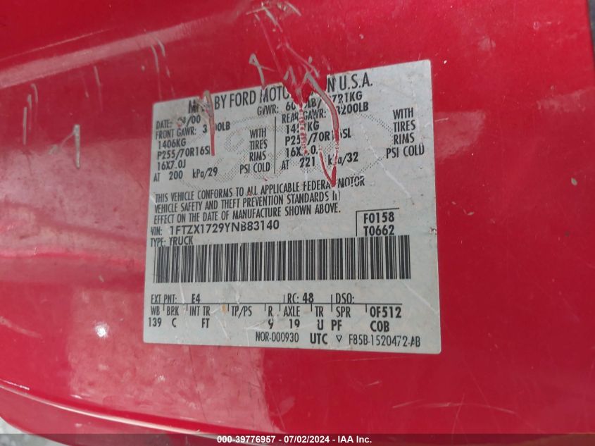 2000 Ford F-150 Work Series/Xl/Xlt VIN: 1FTZX1729YNB83140 Lot: 39776957