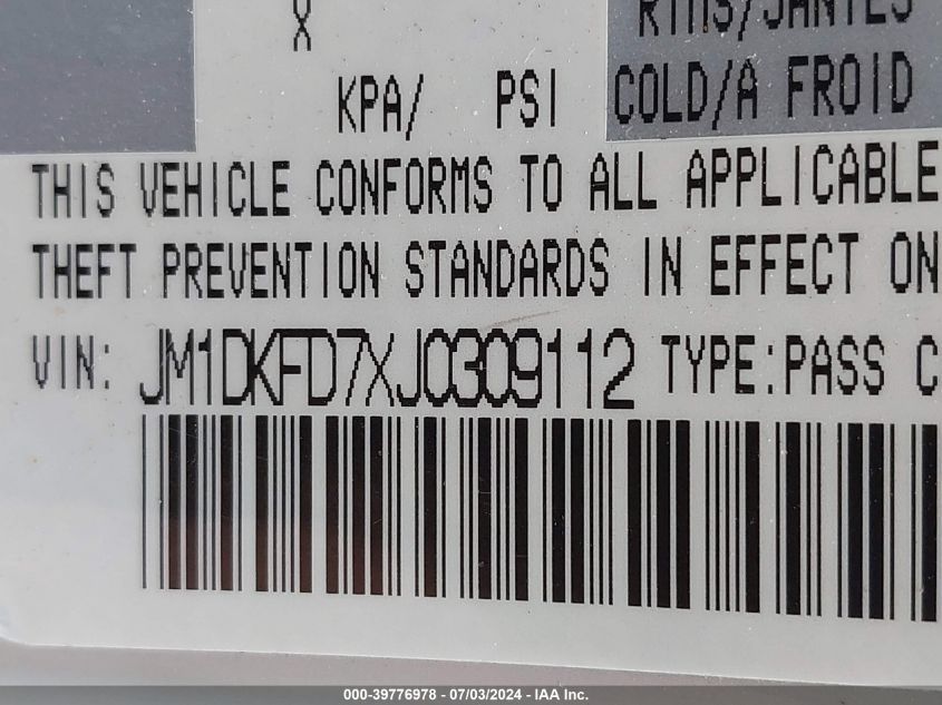 2018 Mazda Cx-3 Grand Touring VIN: JM1DKFD7XJ0309112 Lot: 39776978