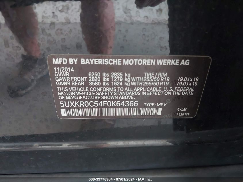 2015 BMW X5 xDrive35I VIN: 5UXKR0C54F0K64366 Lot: 39776984