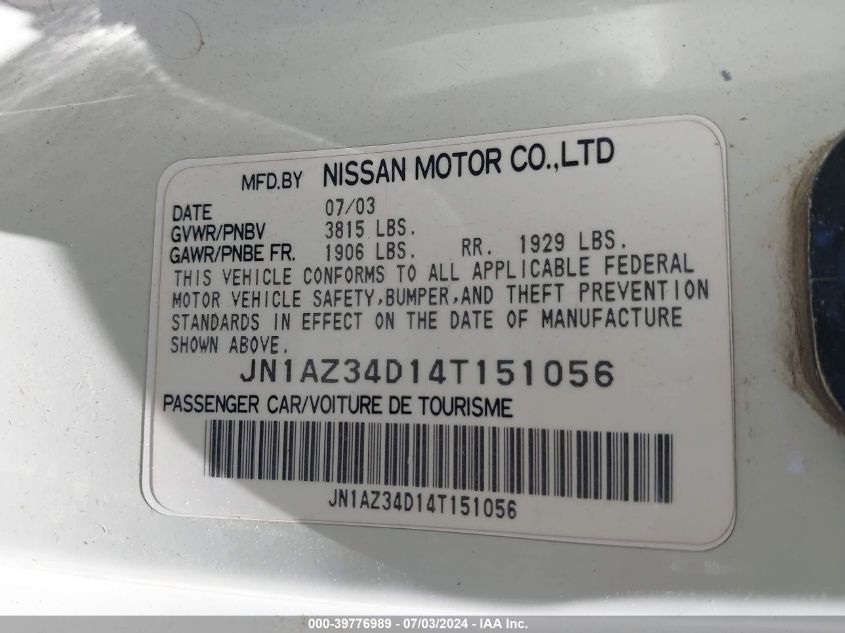 2004 Nissan 350Z Coupe VIN: JN1AZ34D14T151056 Lot: 39776989