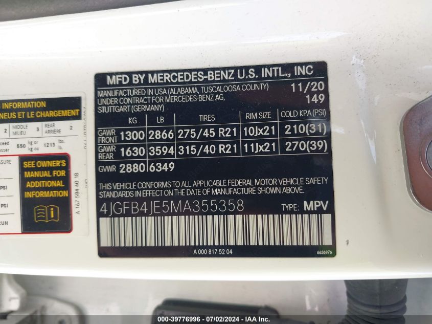 2021 Mercedes-Benz Gle 350 VIN: 4JGFB4JE5MA355358 Lot: 39776996