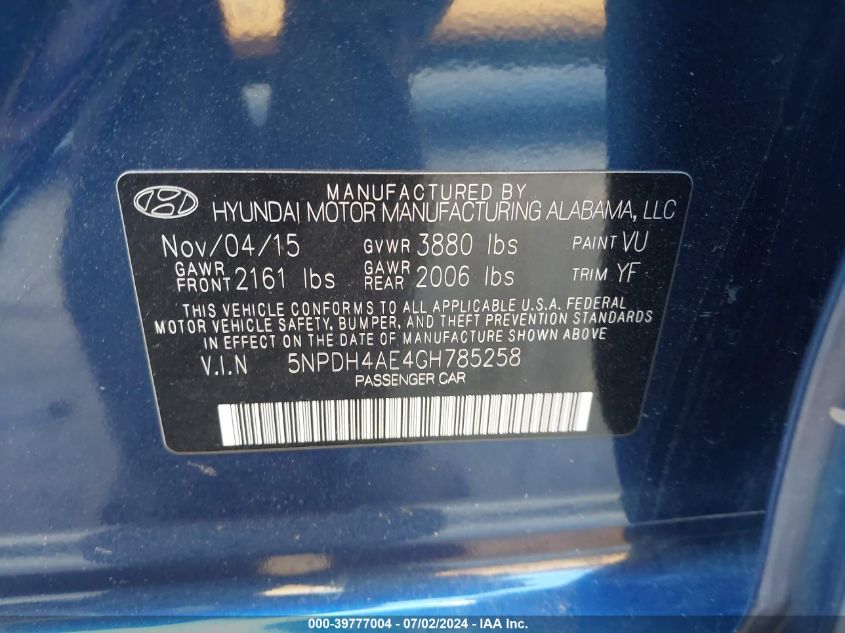 5NPDH4AE4GH785258 2016 Hyundai Elantra Se