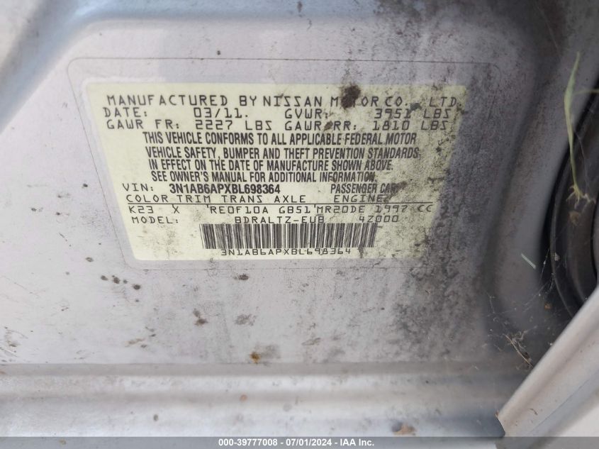 2011 Nissan Sentra 2.0S VIN: 3N1AB6APXBL698364 Lot: 39777008