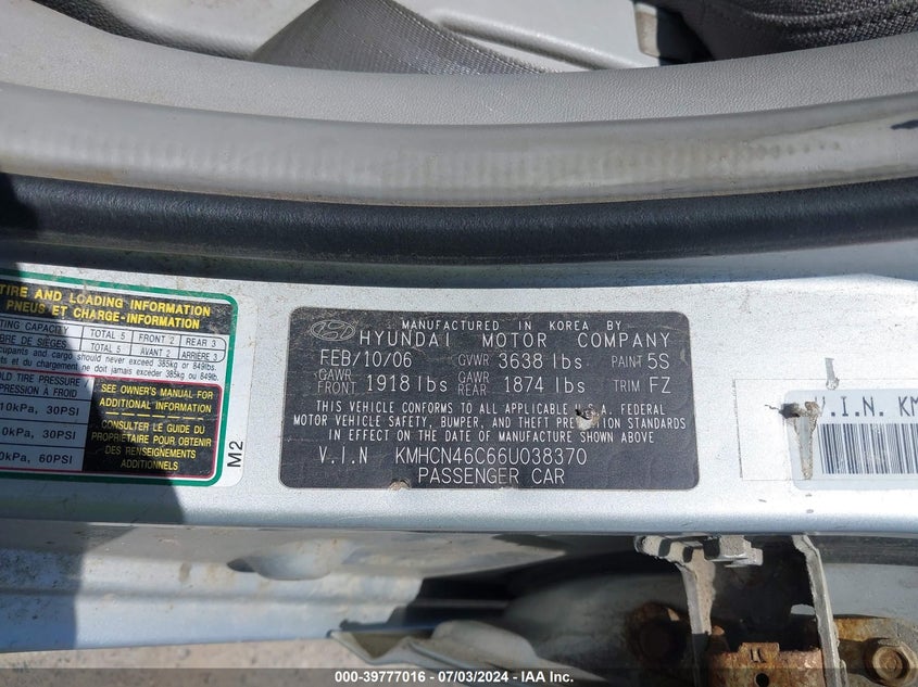 2006 Hyundai Accent Gls VIN: KMHCN46C66U038370 Lot: 39777016