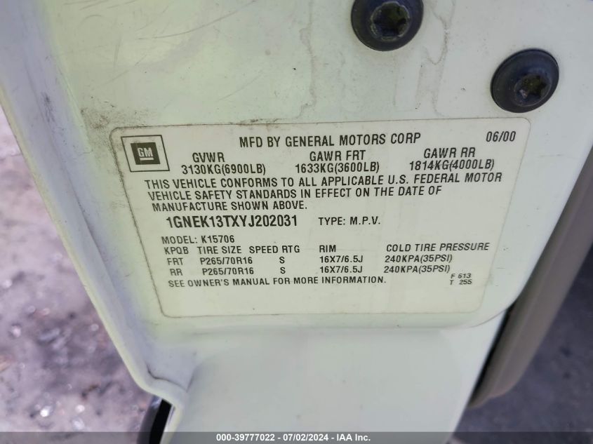 2000 Chevrolet Tahoe All New Ls VIN: 1GNEK13TXYJ202031 Lot: 39777022