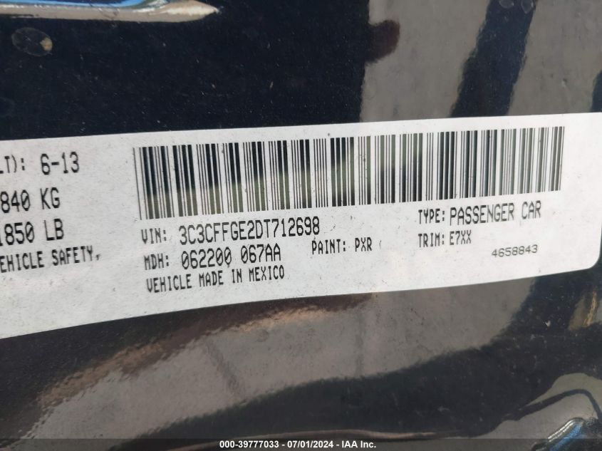 2013 Fiat 500E Battery Electric VIN: 3C3CFFGE2DT712698 Lot: 39777033