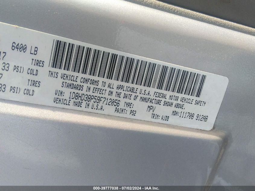2009 Dodge Durango Se VIN: 1D8HD38P59F712056 Lot: 39777038