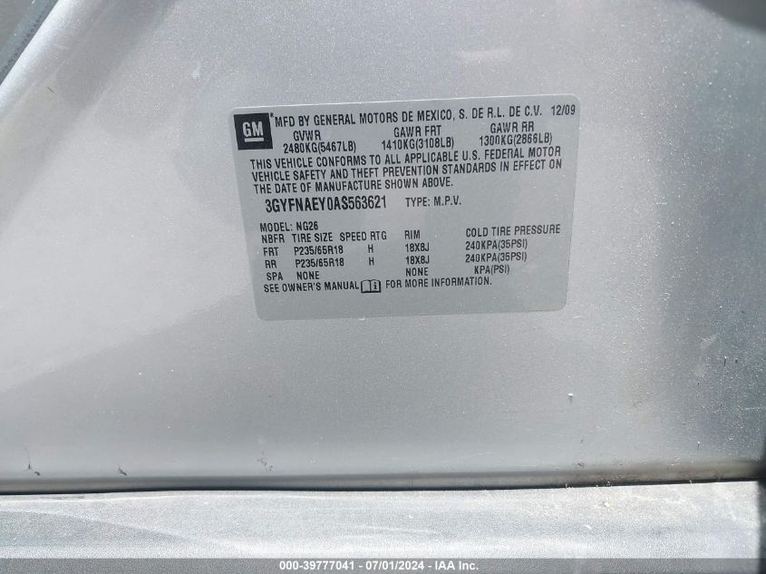 2010 Cadillac Srx Luxury Collection VIN: 3GYFNAEY0AS563621 Lot: 39777041