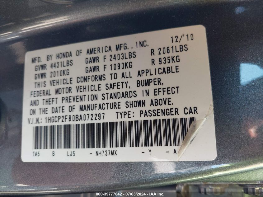 2011 Honda Accord 2.4 Ex-L VIN: 1HGCP2F80BA072297 Lot: 39777042