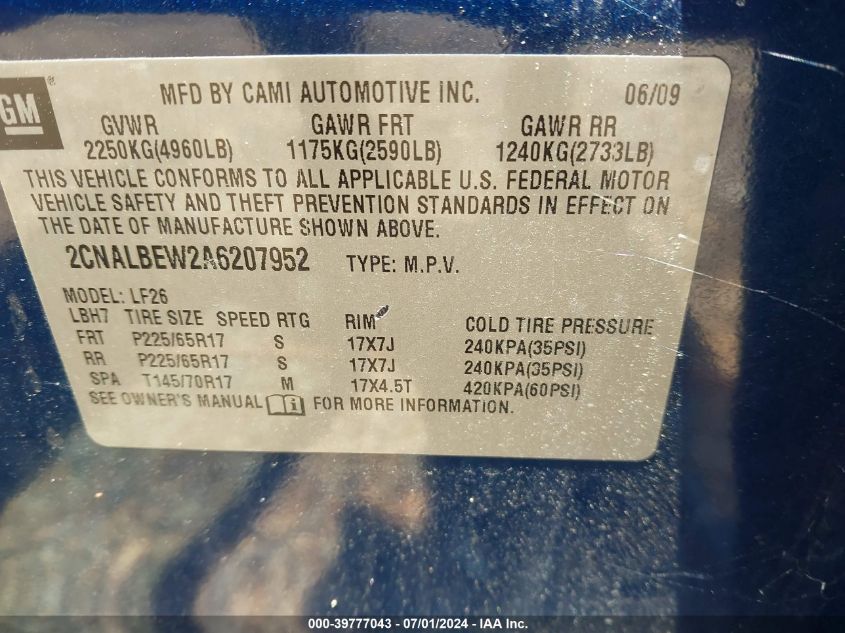 2010 Chevrolet Equinox Ls VIN: 2CNALBEW2A6207952 Lot: 39777043