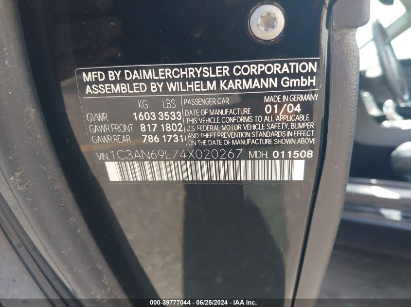 2004 Chrysler Crossfire VIN: 1C3AN69L74X020267 Lot: 39777044