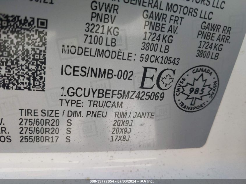 2021 Chevrolet Silverado 1500 4Wd Short Bed Custom/4Wd Standard Bed Custom VIN: 1GCUYBEF5MZ425069 Lot: 39777054