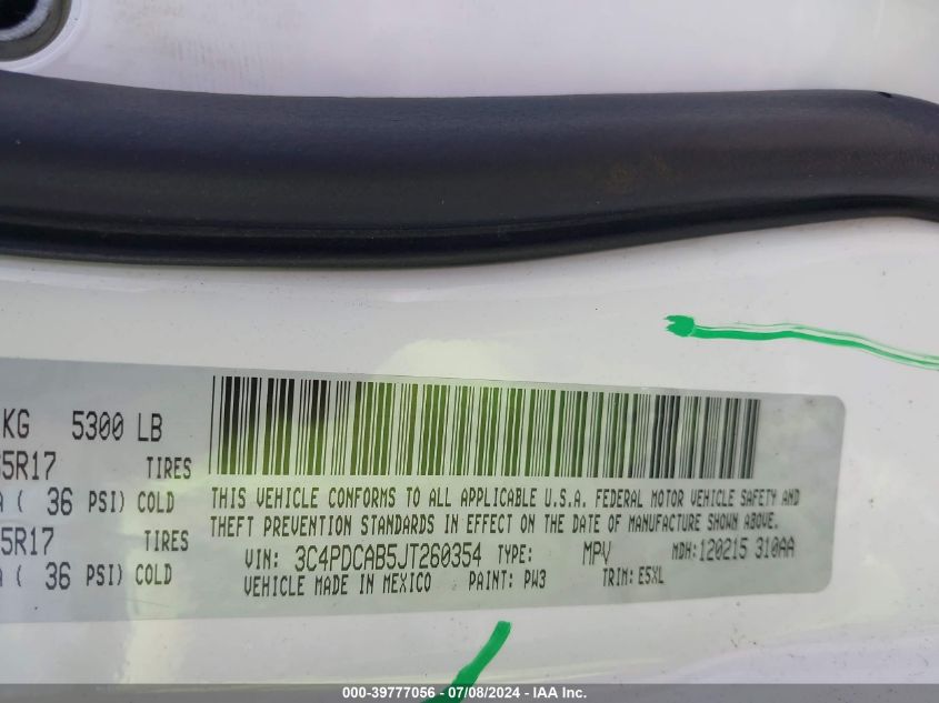 2018 Dodge Journey Se VIN: 3C4PDCAB5JT260354 Lot: 39777056