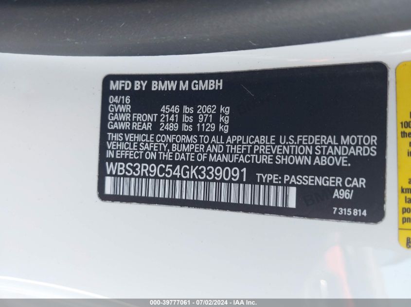 2016 BMW M4 VIN: WBS3R9C54GK339091 Lot: 39777061