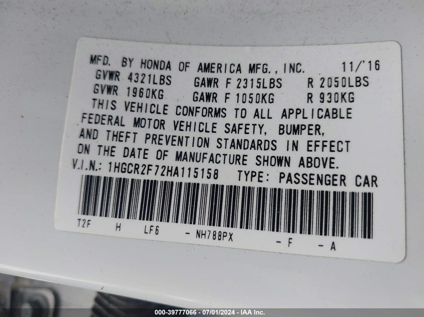 VIN 1HGCR2F72HA115158 2017 HONDA ACCORD EX