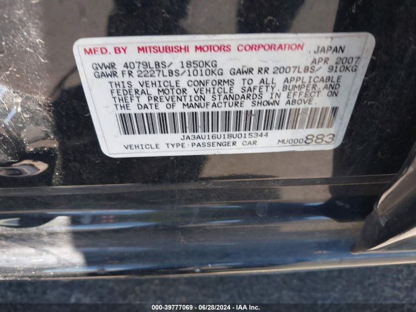 2008 Mitsubishi Lancer De VIN: JA3AU16U18U015344 Lot: 39777069