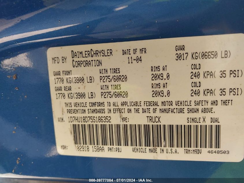 2005 Dodge Ram 1500 Slt/Laramie VIN: 1D7HU18D75S186352 Lot: 39777084