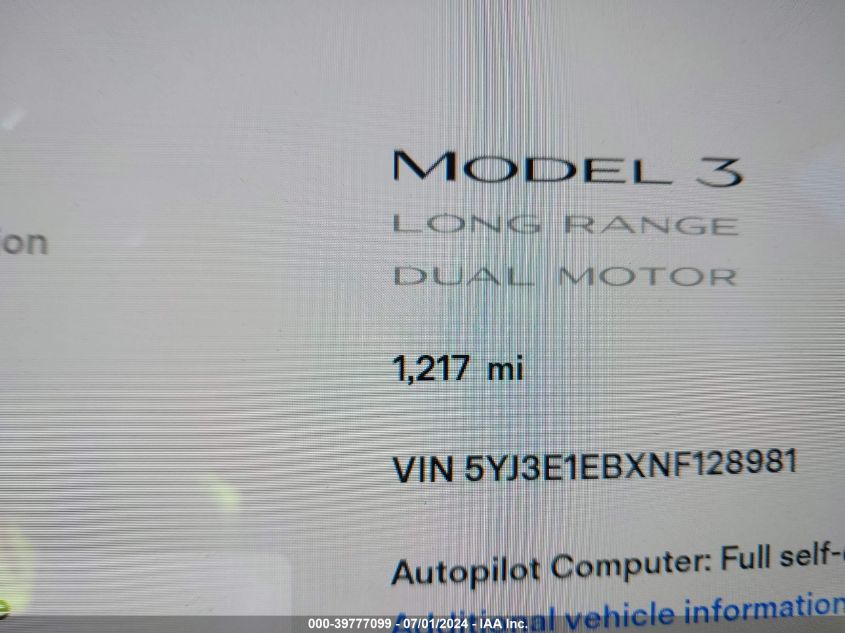 2022 Tesla Model 3 Long Range Dual Motor All-Wheel Drive VIN: 5YJ3E1EBXNF128981 Lot: 39777099