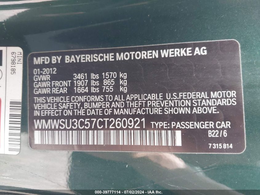 2012 Mini Cooper VIN: WMWSU3C57CT260921 Lot: 39777114