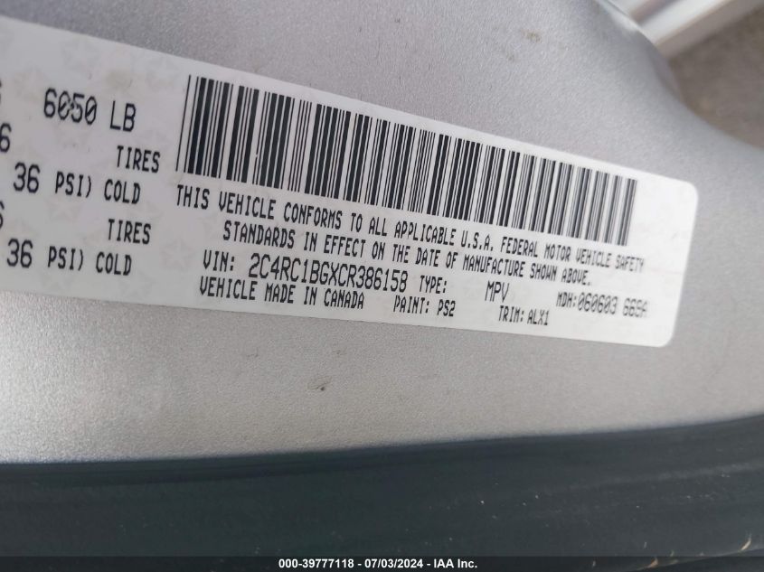 2012 Chrysler Town & Country Touring VIN: 2C4RC1BGXCR386158 Lot: 39777118